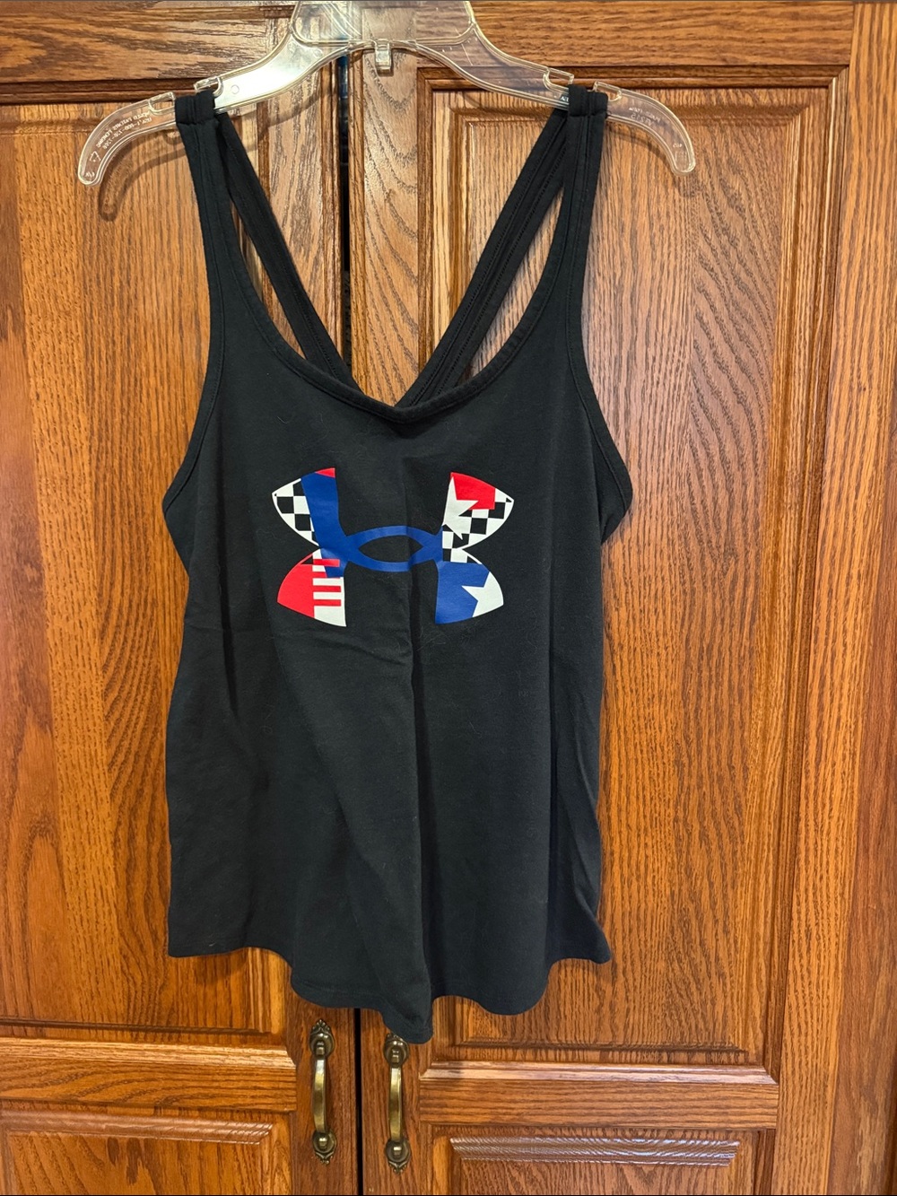 Under Armour Black Racerback Tank with Red, Blue & White Logo